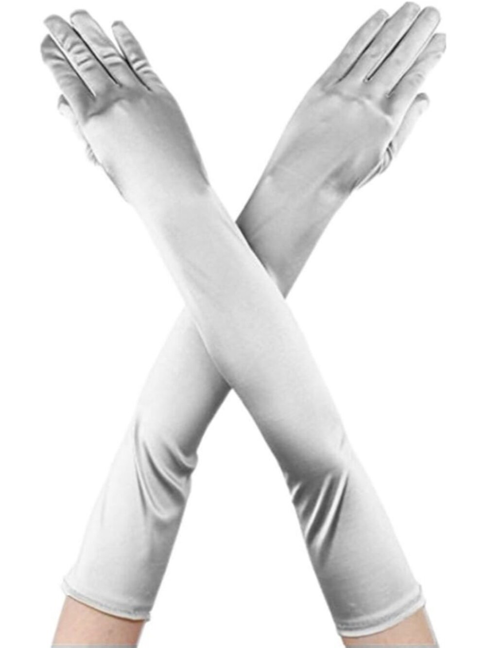 Women's Silver Finger Mittens Over Elbow Long Classic Evening Satin Opera Gloves